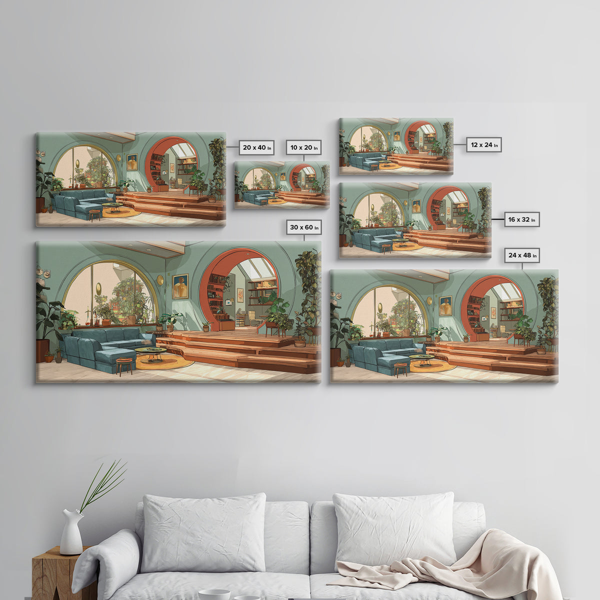 Mint Green Arched Living Room Wall Art, Modern Home Decor, Indoor Plant Interior Poster, Mid Century Inspired Framed Canvas Print