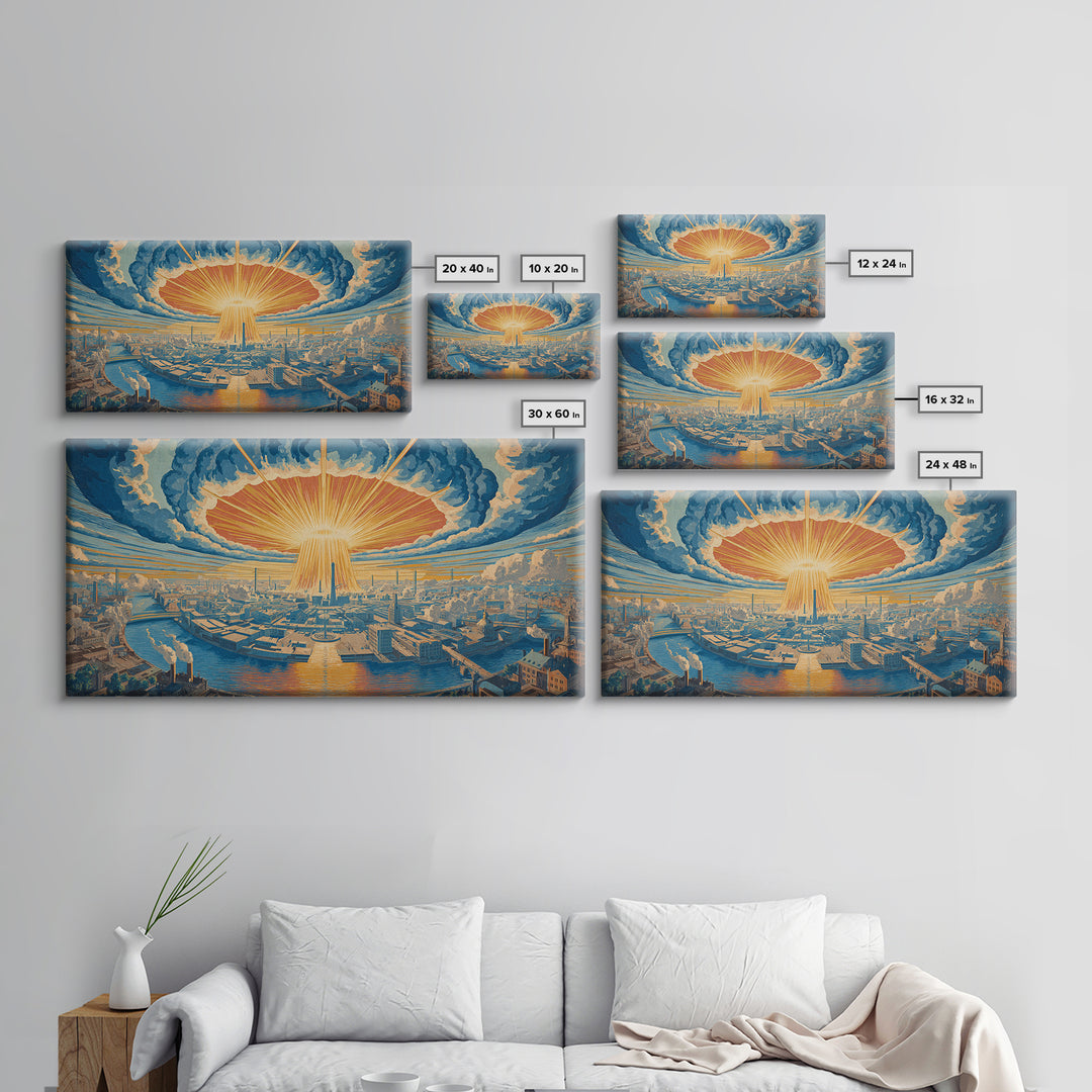 Radiant Futuristic City Sunrise Wall Art, Retro Sci Fi Skyline, Mid Century Modern Decor, Blue Orange Large Canvas Print