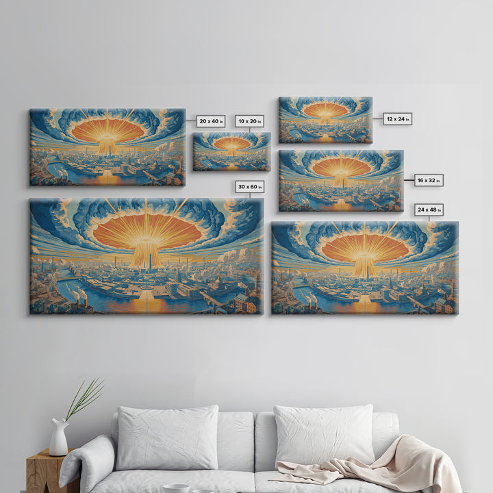 Radiant Futuristic City Sunrise Wall Art, Retro Sci Fi Skyline, Mid Century Modern Decor, Blue Orange Large Canvas Print