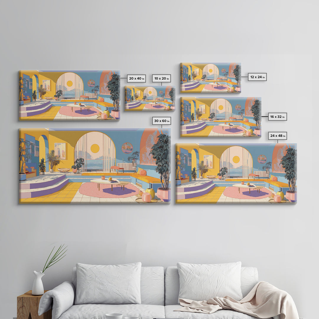 Pastel Ocean Sunroom Canvas Print, Colorful Modern Wall Art, Arch Window Coastal Decor, Retro Palm Springs Living Room Poster