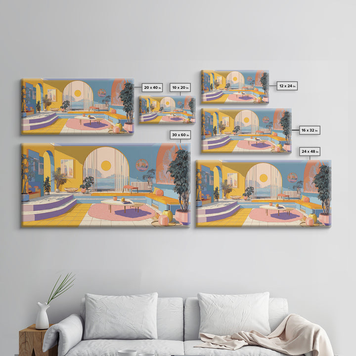 Pastel Ocean Sunroom Canvas Print, Colorful Modern Wall Art, Arch Window Coastal Decor, Retro Palm Springs Living Room Poster