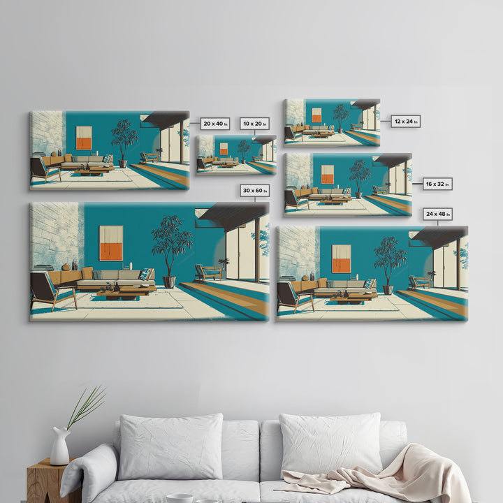 Teal Mid Century Living Room Wall Art, Midcentury Modern Decor, MCM Artwork, Retro Interior Print, Large Canvas Poster Home Decor