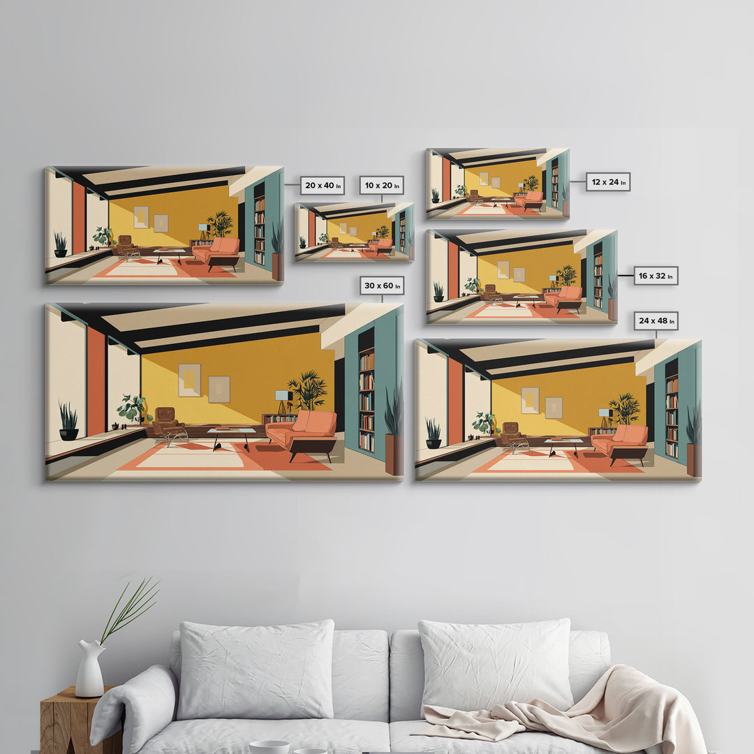 Mustard Orange Mid Century Lounge Wall Art, Midcentury Modern Decor, MCM Artwork, Retro Interior Print, Large Canvas Poster, Home Decor