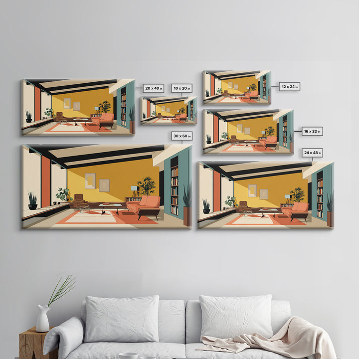 Mustard Orange Mid Century Lounge Wall Art, Midcentury Modern Decor, MCM Artwork, Retro Interior Print, Large Canvas Poster, Home Decor