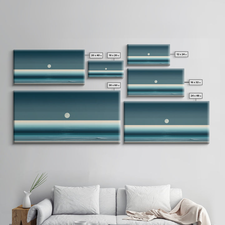 Minimal Moon Over Teal Ocean Canvas Print, Coastal Night Seascape, Modern Wall Art, Blue Horizontal Landscape Decor, Bedroom Art Prints