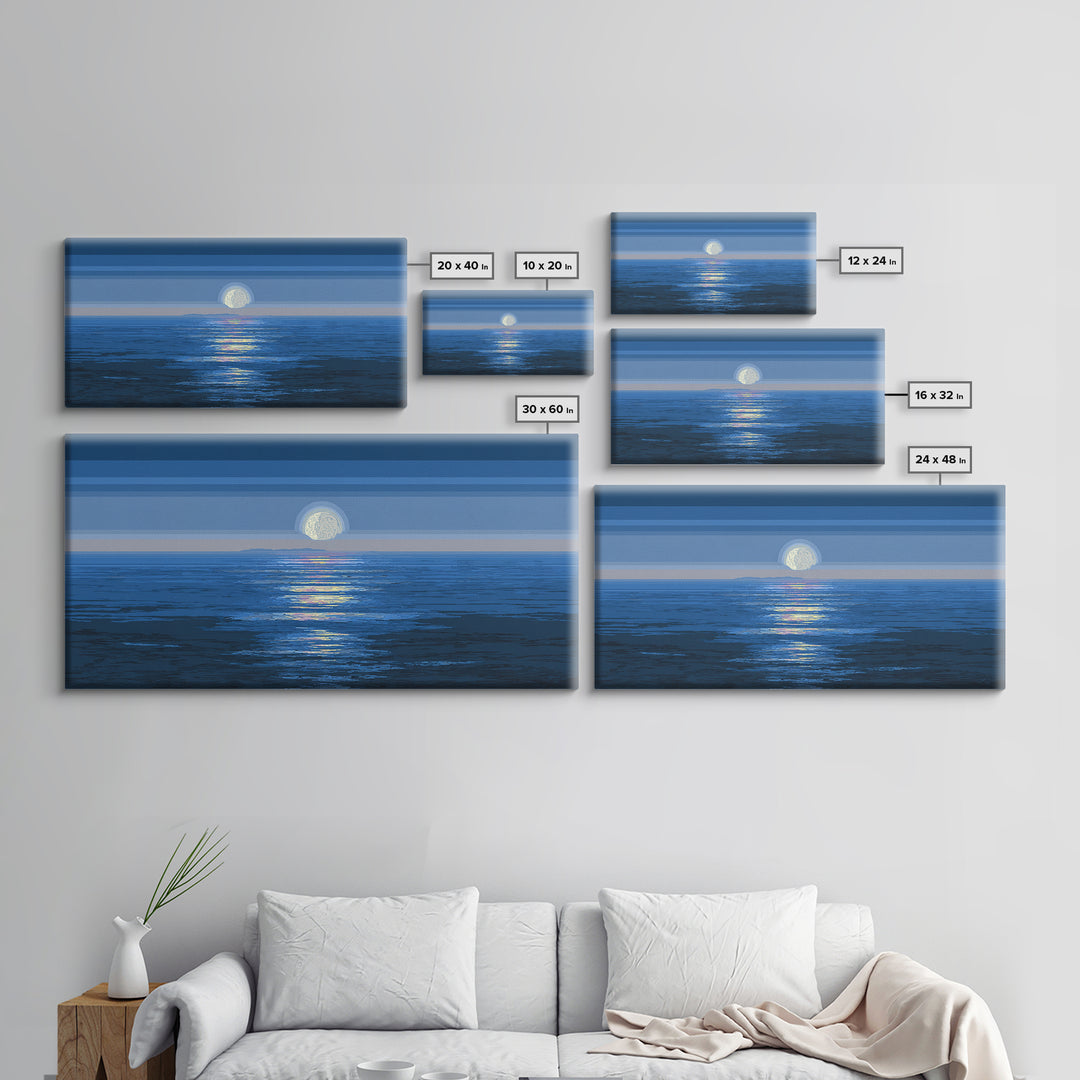 Blue Full Moon Ocean Framed Canvas Print, Coastal Seascape Wall Art, Modern Home Decor, Peaceful Bedroom Art Prints, Large Wall Decor