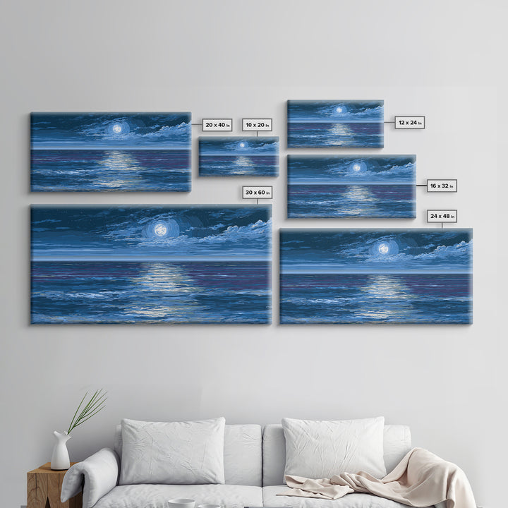 Starry Moonlit Ocean Framed Canvas Print, Dramatic Blue Seascape Wall Art, Coastal Night Decor, Modern Bedroom Art Prints