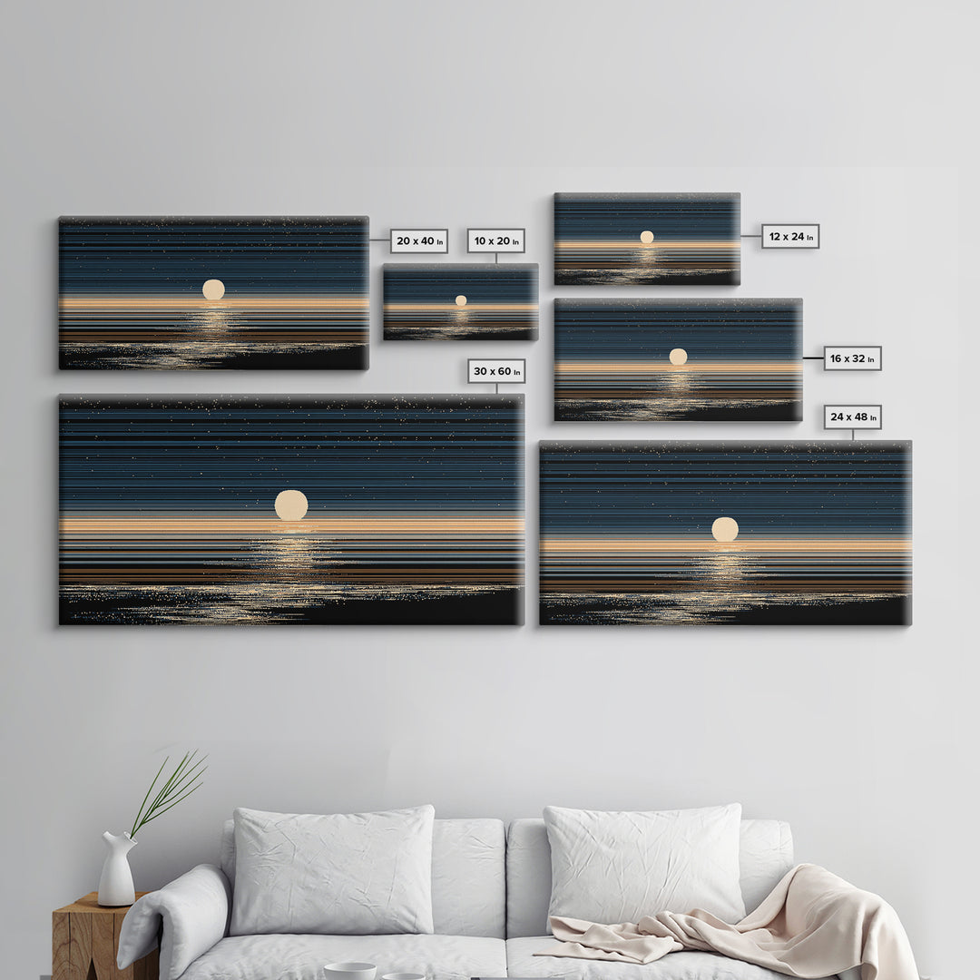 Golden Moon Horizon Ocean Canvas Print, Starry Night Seascape Wall Art, Modern Coastal Decor, Blue Black Bedroom Art Prints