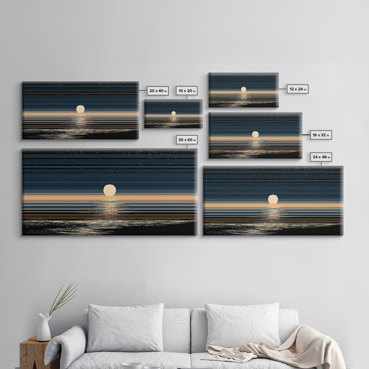 Golden Moon Horizon Ocean Canvas Print, Starry Night Seascape Wall Art, Modern Coastal Decor, Blue Black Bedroom Art Prints