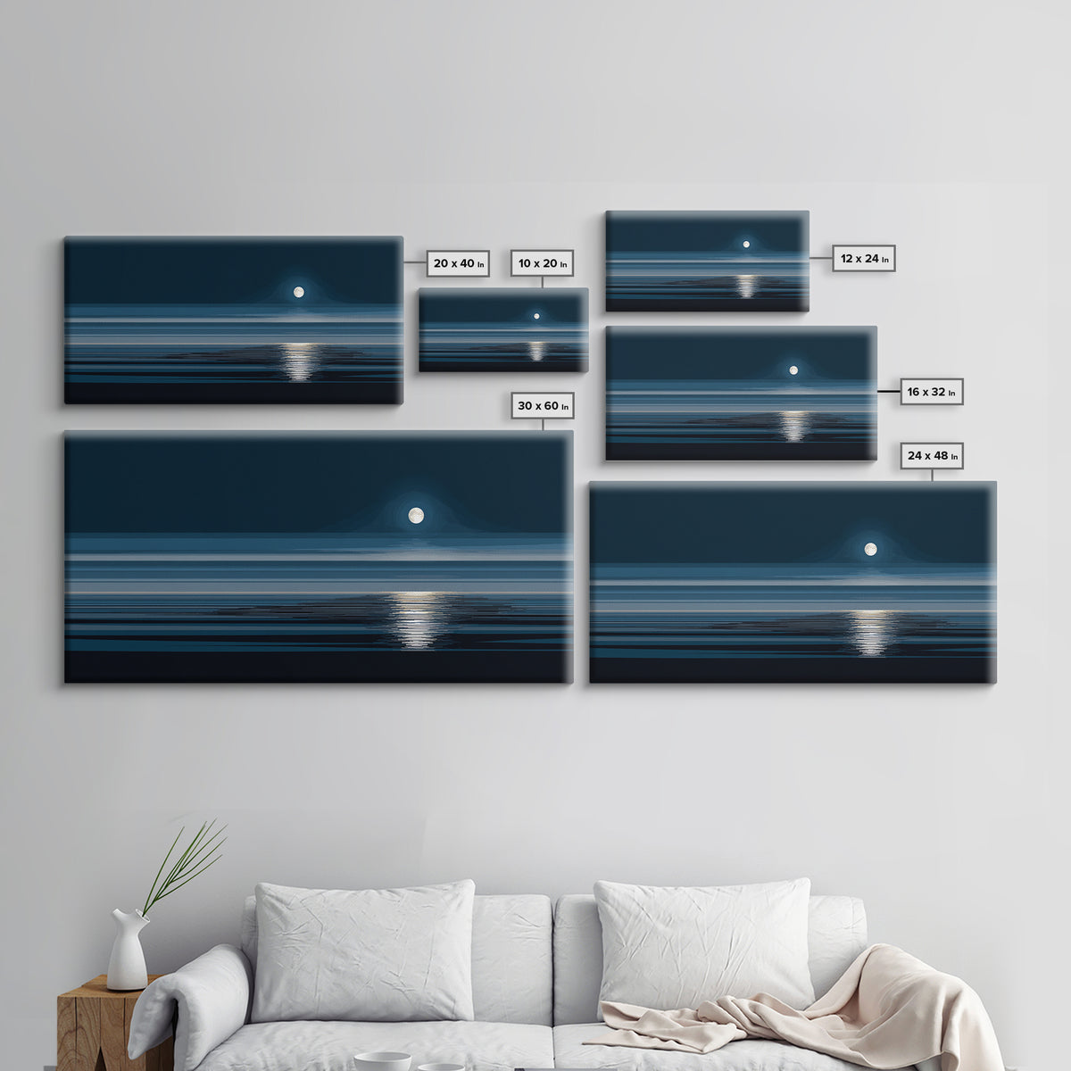 Quiet Moon Over Dark Ocean Canvas Print, Minimal Blue Seascape Wall Art, Modern Coastal Decor, Peaceful Bedroom Art Prints
