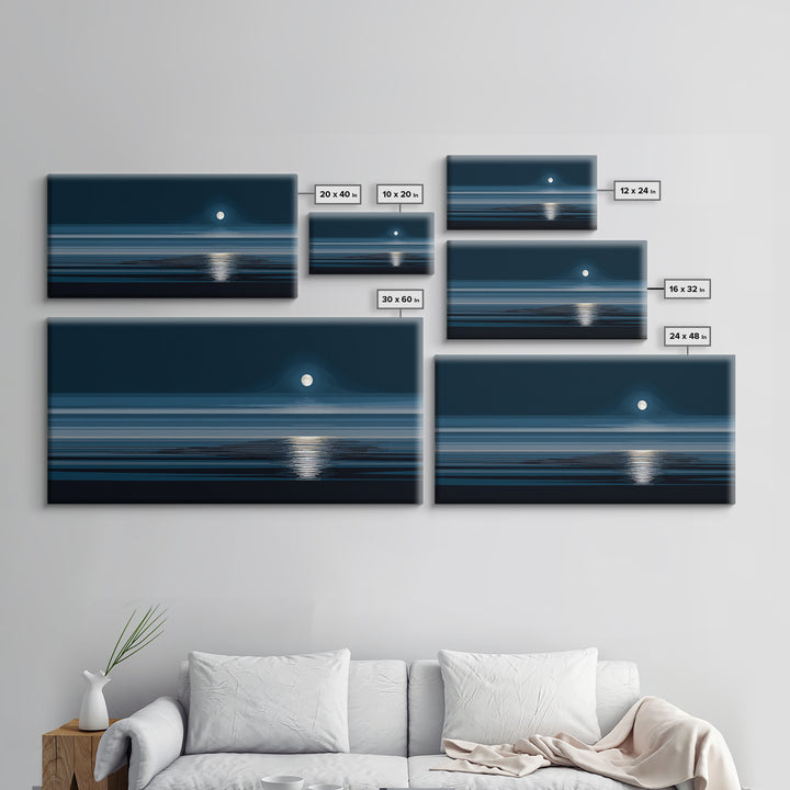 Quiet Moon Over Dark Ocean Canvas Print, Minimal Blue Seascape Wall Art, Modern Coastal Decor, Peaceful Bedroom Art Prints