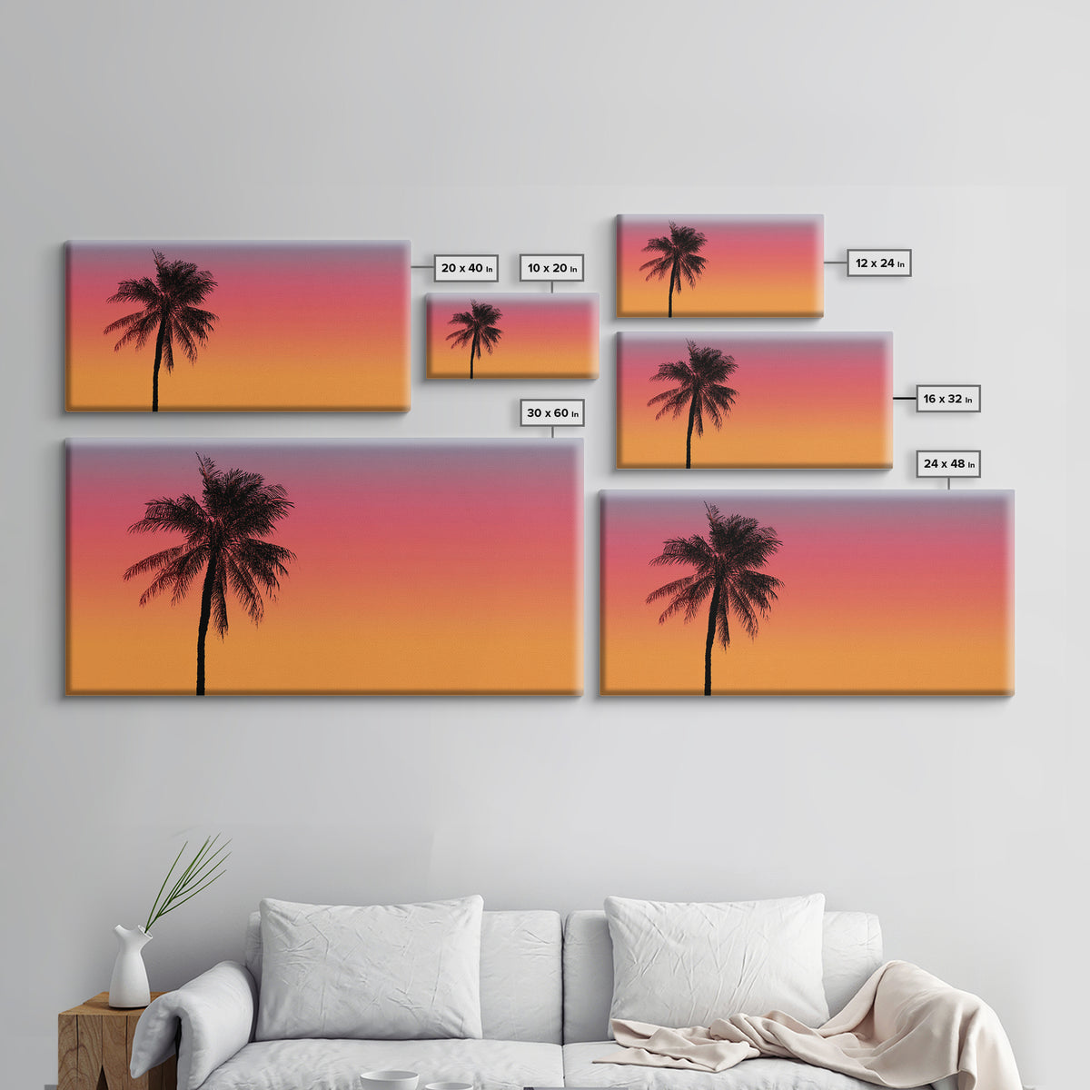 Pink Orange Palm Sunset Wall Art, Tropical Silhouette Landscape, Retro California Poster, Modern Home Decor Canvas Print