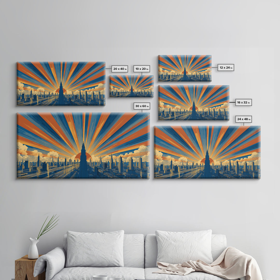 Art Deco Futuristic Skyline Framed Canvas Print, Retro Sci Fi Cityscape, Mid Century Modern Wall Decor, Blue Orange Poster