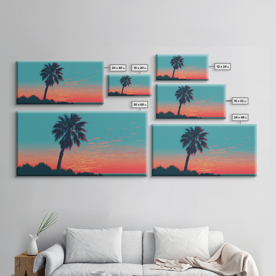 Leaning Palm Coral Sunset Canvas Print, Retro Tropical Landscape, Midcentury Wall Art, Palm Springs Decor, Coastal Poster Print