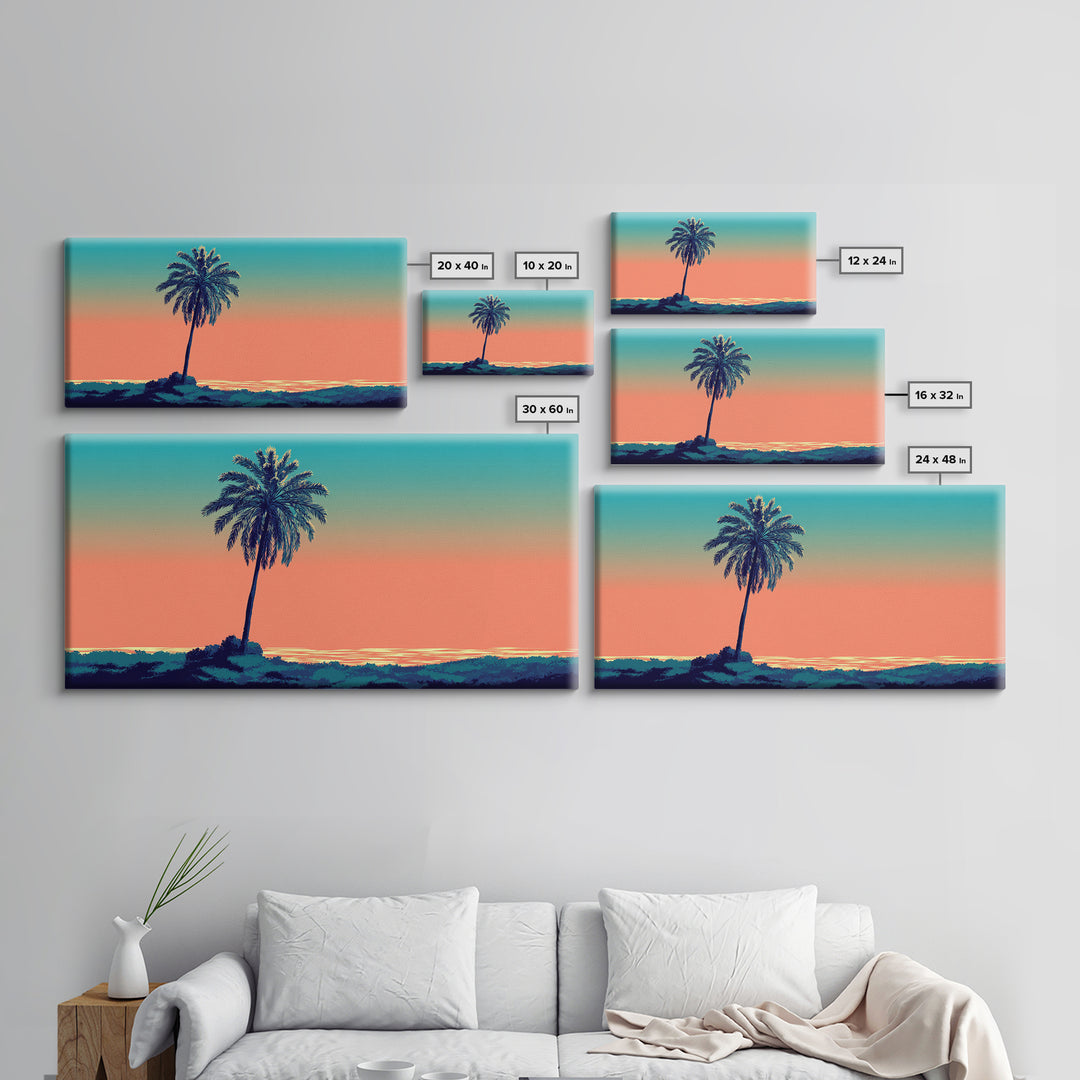 Solitary Palm Ocean Sunset Framed Canvas Print, Retro Tropical Wall Art, Midcentury Modern Decor, Coastal Home Poster Print