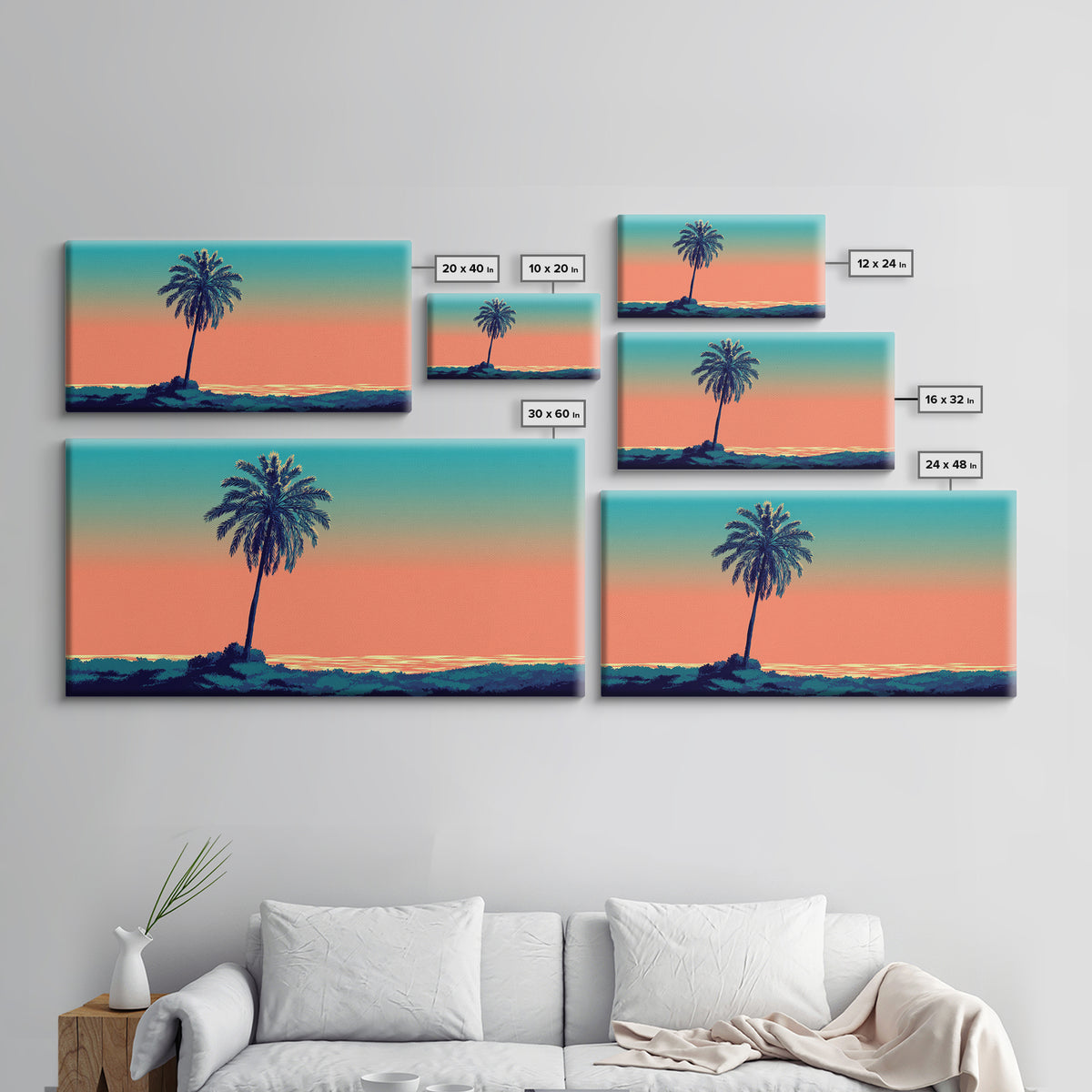 Solitary Palm Ocean Sunset Framed Canvas Print, Retro Tropical Wall Art, Midcentury Modern Decor, Coastal Home Poster Print