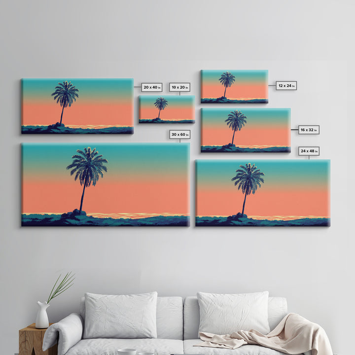 Solitary Palm Ocean Sunset Framed Canvas Print, Retro Tropical Wall Art, Midcentury Modern Decor, Coastal Home Poster Print