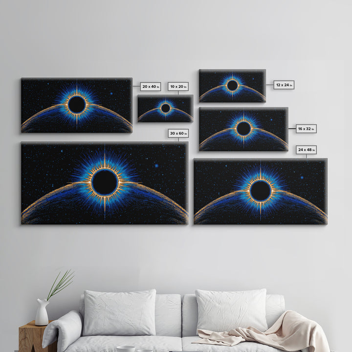 Blue Solar Eclipse Wall Art, Cosmic Retro Sci Fi Print, Black Hole Starfield Poster, Modern Digital Art, Space Decor Print