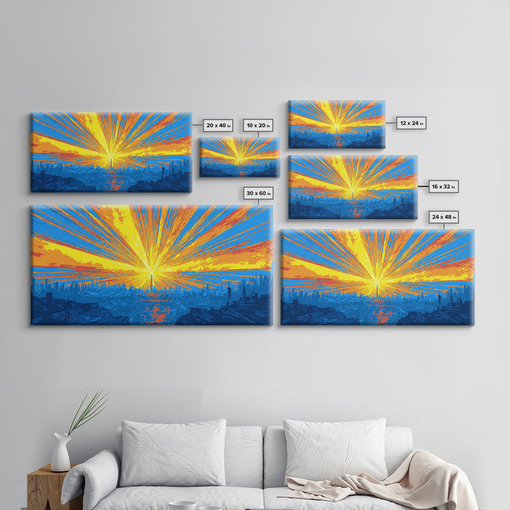 Explosive Solar Skyline Wall Art, Bright Retro Sci Fi Sunburst, Blue Orange Modern Art Print, Mid Century City Poster Decor