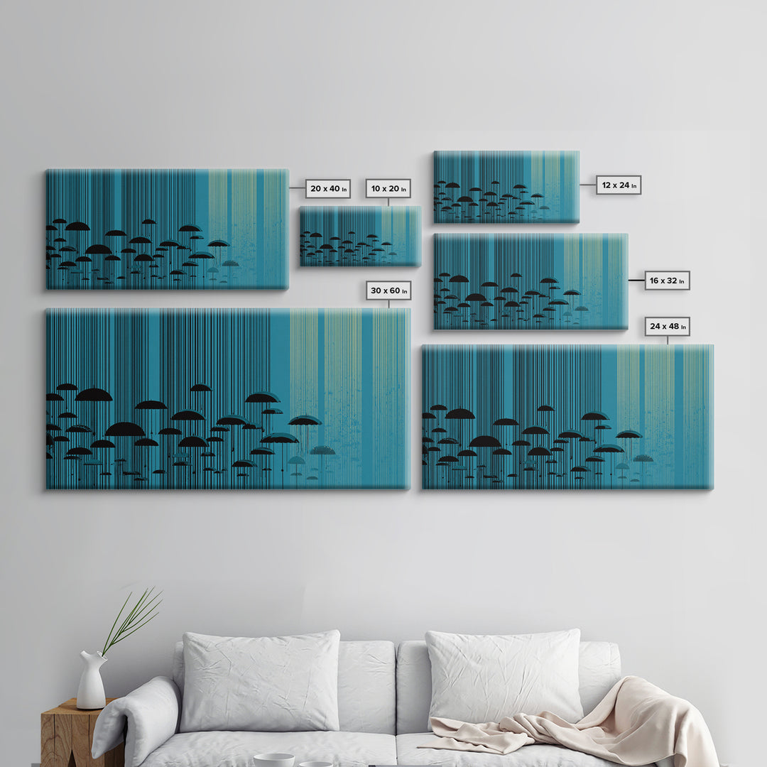 Teal Rain Umbrellas In Vertical Lines Wall Art, Midcentury Modern Abstract Print, Retro Wall Decor, Modern Home Decor For Living Room