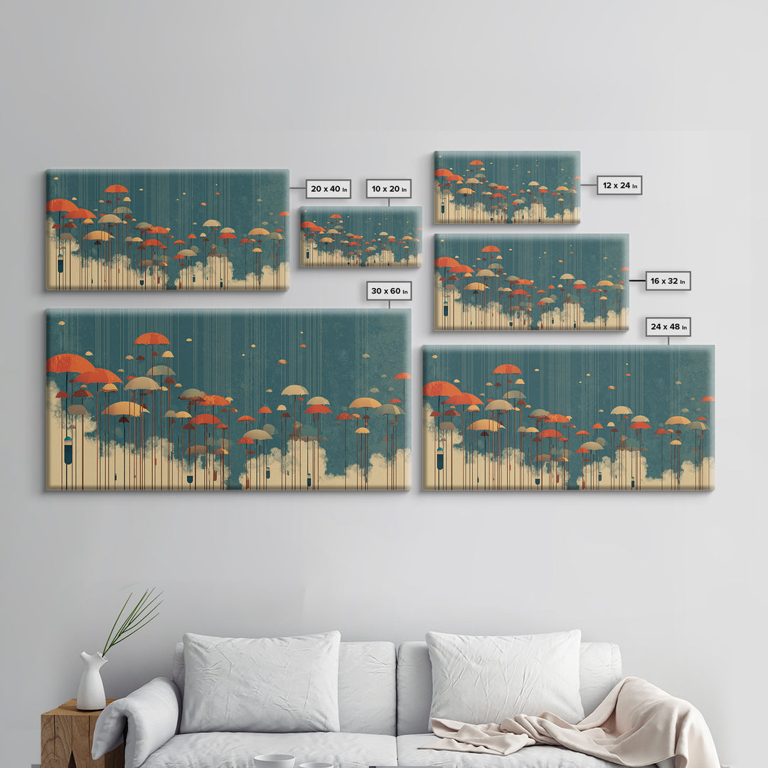 Orange Umbrellas Over Cream Clouds Wall Art, Midcentury Modern Abstract Print, Teal Retro Decor, Modern Home Decor For Living Room