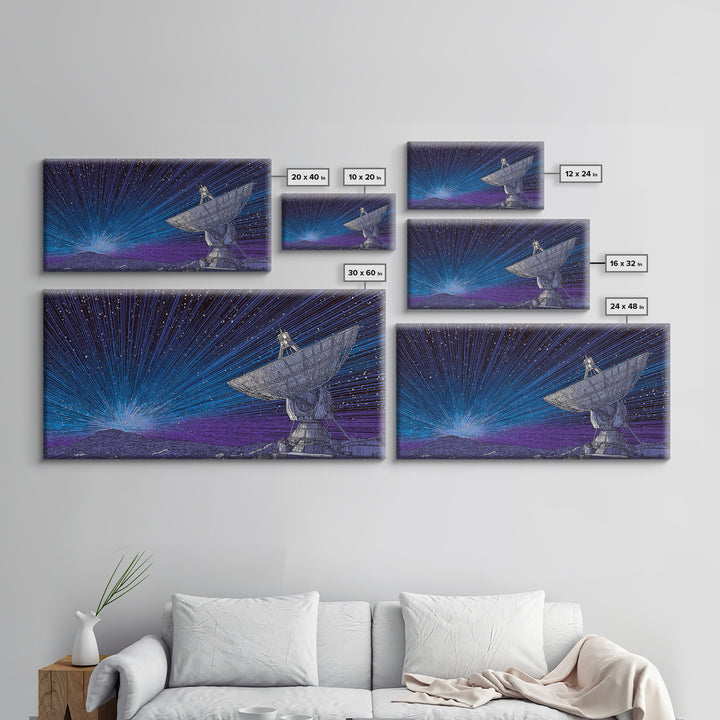 Blue Radio Telescope Starburst Canvas Print, Midcentury Modern Sci Fi Wall Art, Space Abstract Poster, Retro Home Decor Gift