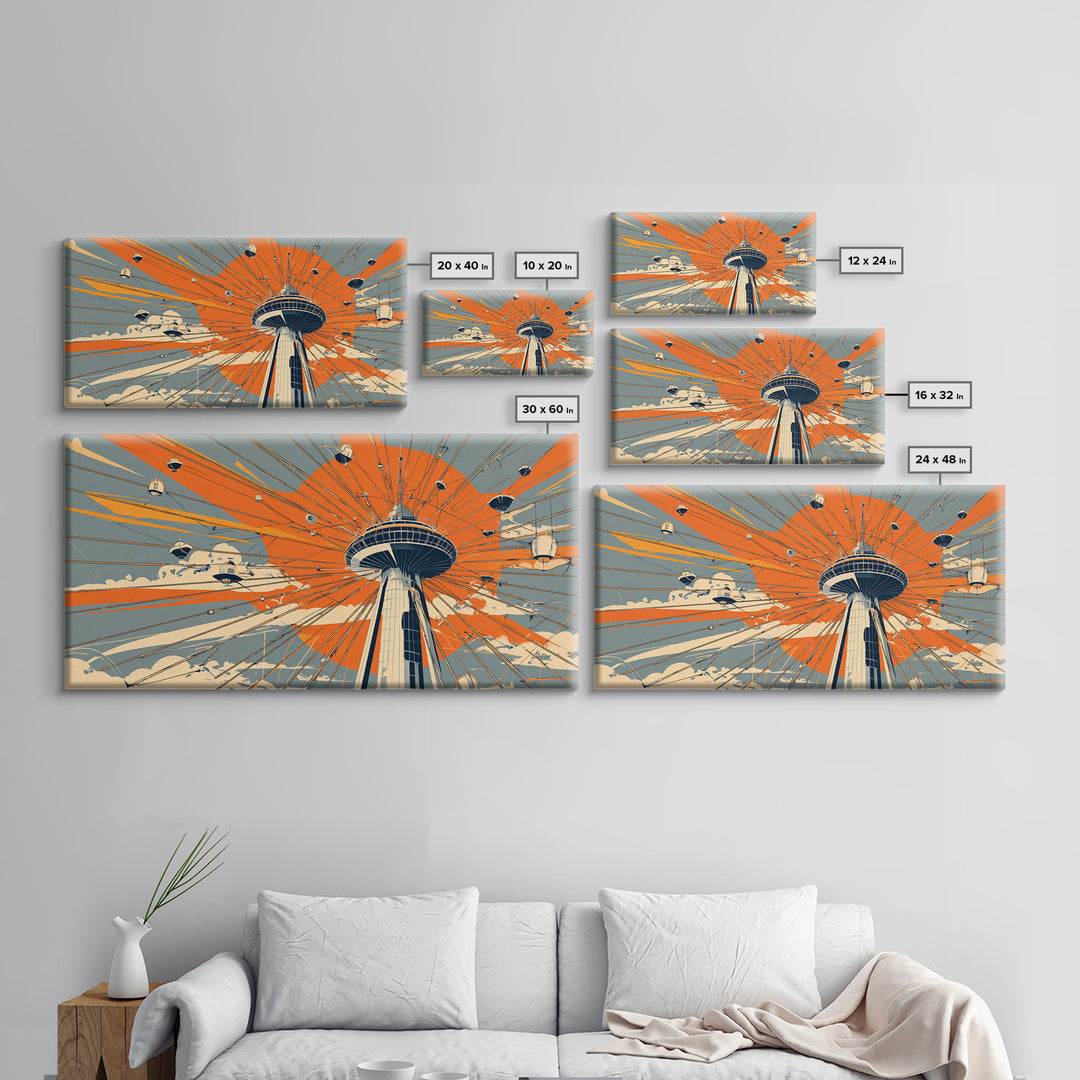 Retro Space Needle With Flying Saucers Canvas Print, Midcentury Modern Wall Art, Orange Sun Poster, Sci Fi Seattle Decor