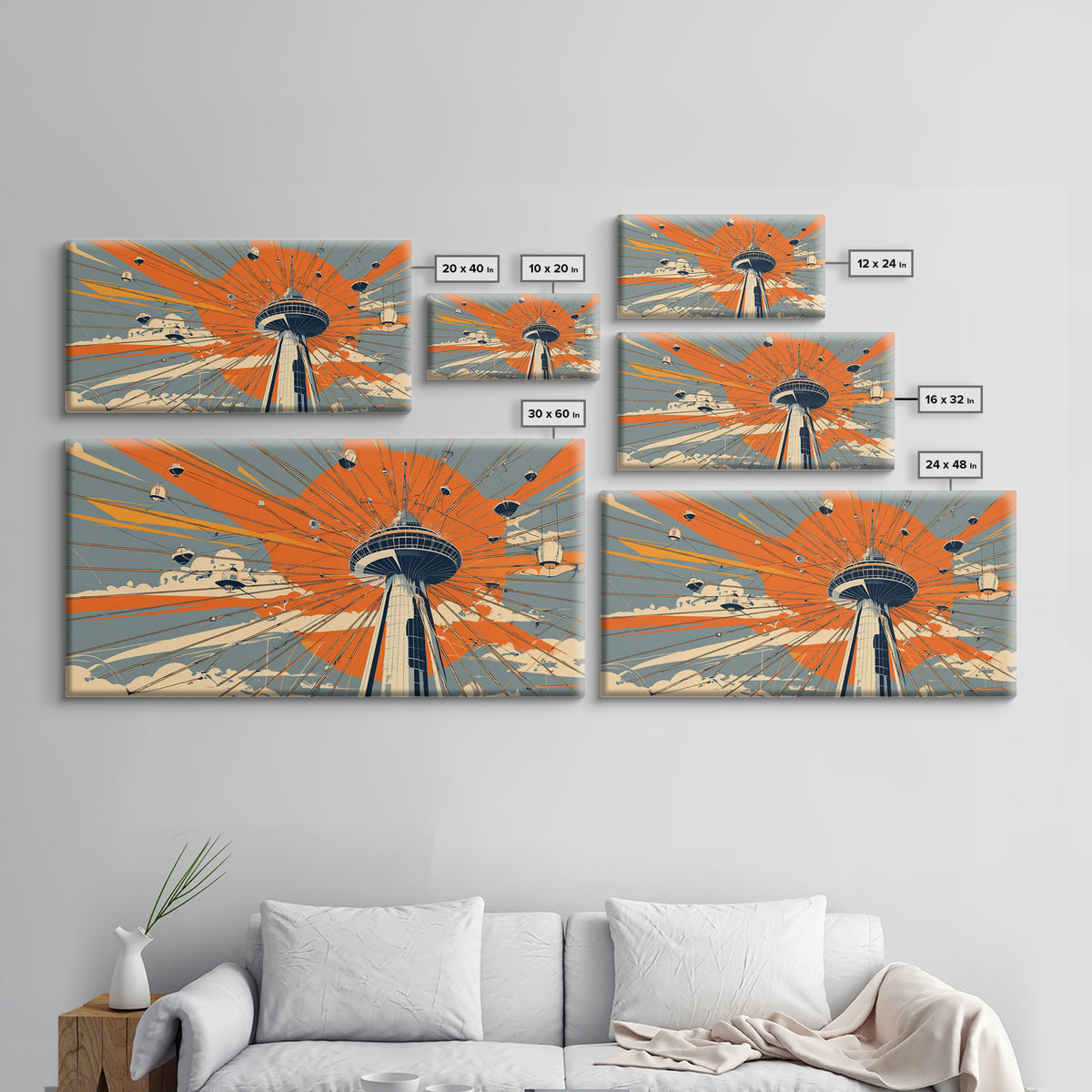 Retro Space Needle With Flying Saucers Canvas Print, Midcentury Modern Wall Art, Orange Sun Poster, Sci Fi Seattle Decor
