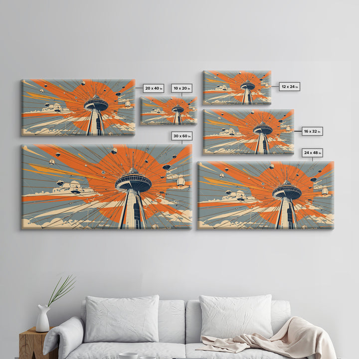 Retro Space Needle With Flying Saucers Canvas Print, Midcentury Modern Wall Art, Orange Sun Poster, Sci Fi Seattle Decor