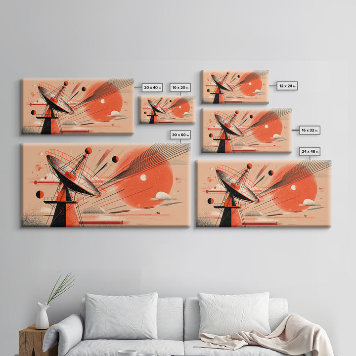 Red Satellite Dish And Orange Sun Wall Art, Midcentury Modern Space Abstract Print, Retro Sci Fi Poster, Modern Wall Decor
