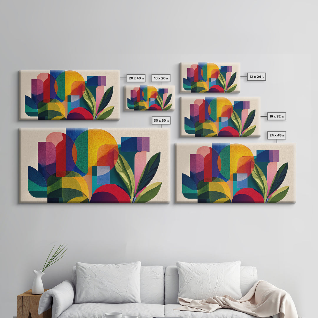 Colorful Geometric Leaves Wall Art, Bold Botanical Mid Century Modern Decor, Abstract Bauhaus Shapes, Vibrant Canvas Print