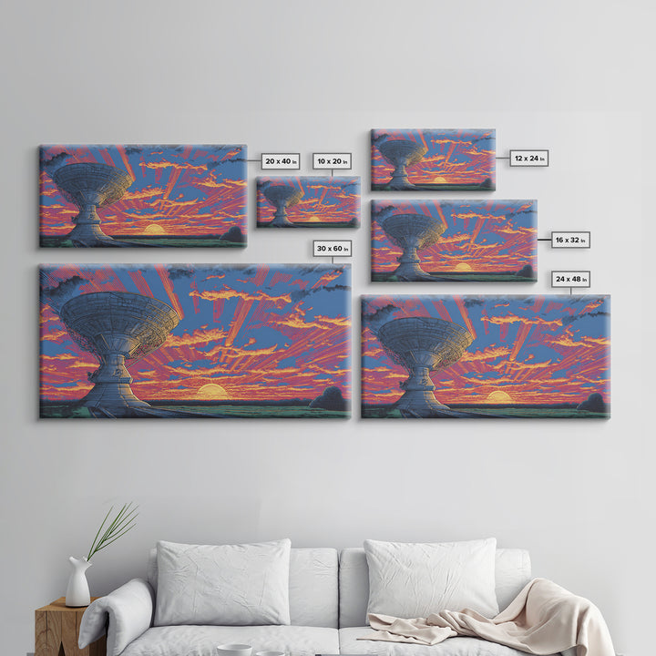 Radio Telescope At Neon Sunset Wall Art, Midcentury Modern Space Abstract Print, Retro Sci Fi Poster, Vibrant Office Decor