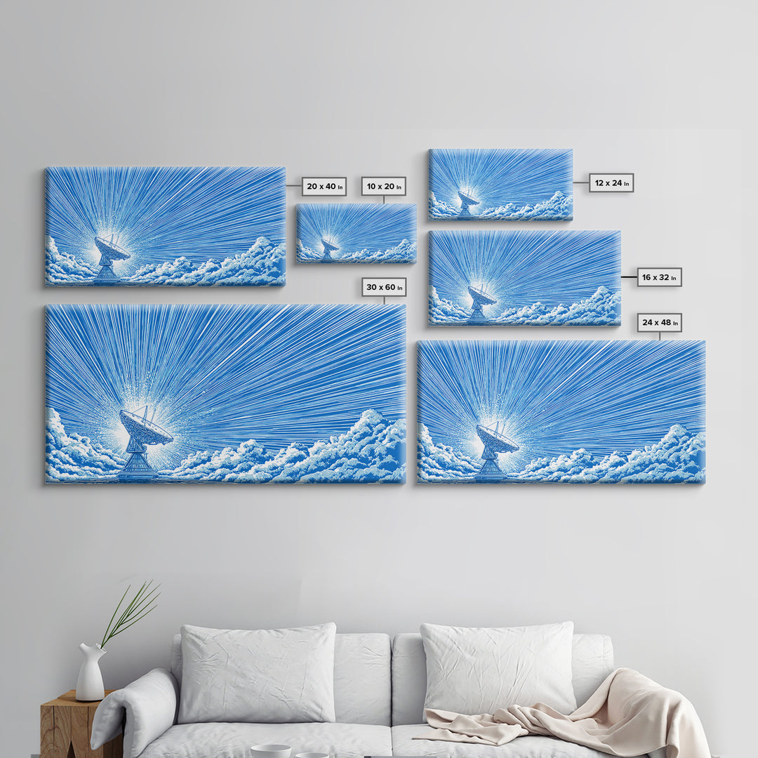 Blue Radio Telescope Skyburst Wall Art, Retro Sci Fi Poster, Atomic Midcentury Modern Art Print For Office And Home Wall Decor