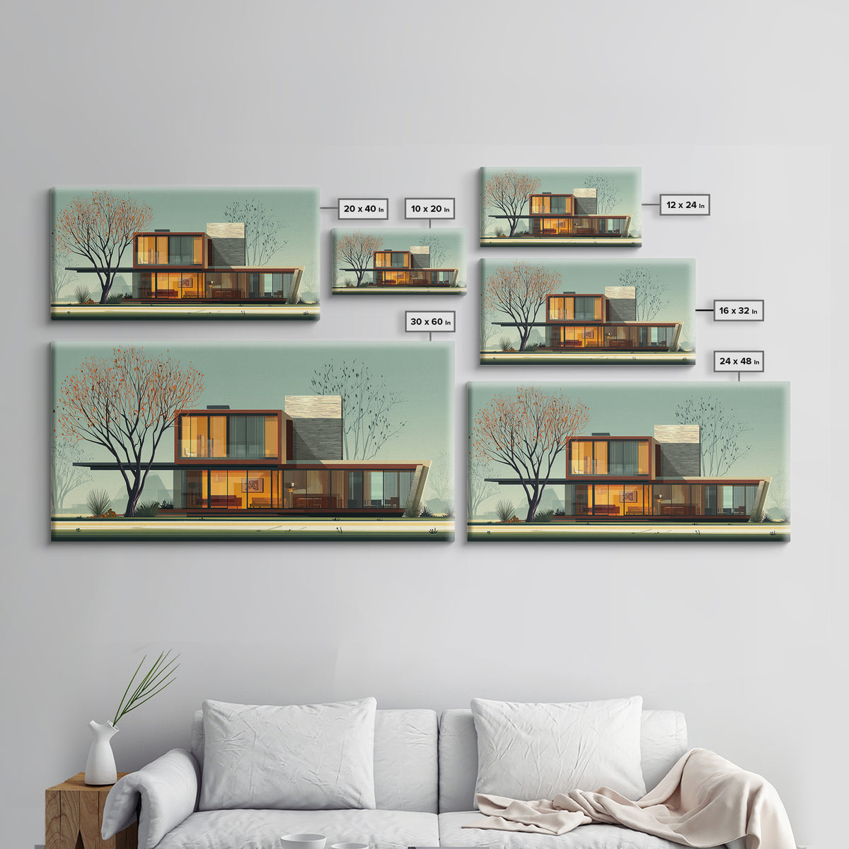 Glass Midcentury House With Autumn Tree Framed Canvas Print, MCM Wall Art, Modern Architecture Poster, Living Room Decor