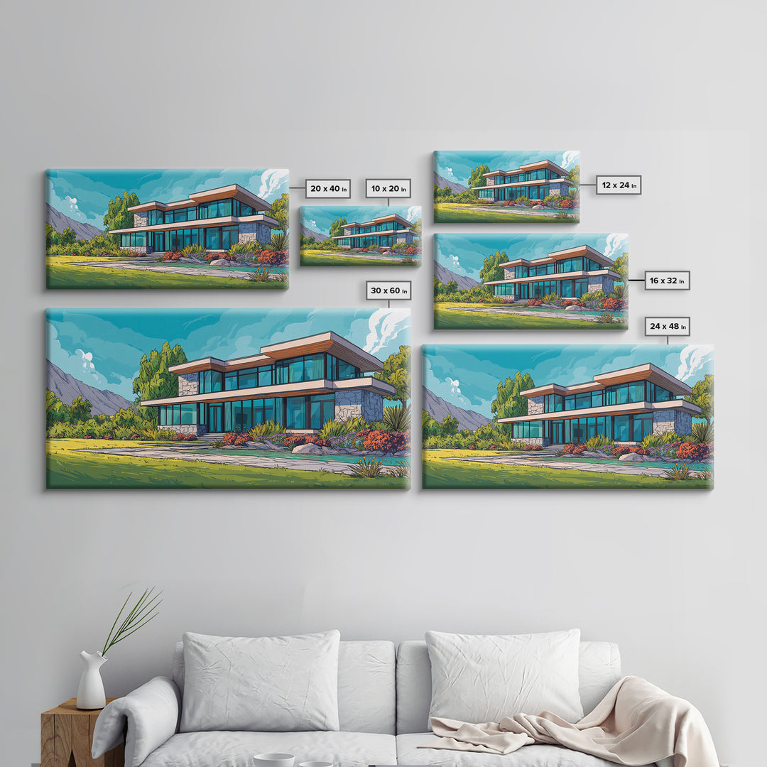 Mountain Modern Glass House Wall Art, Midcentury Modern Architecture Poster, Colorful Landscape Canvas Print, Living Room Decor