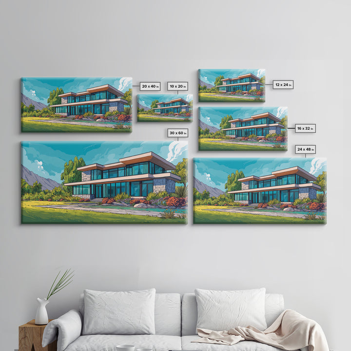 Mountain Modern Glass House Wall Art, Midcentury Modern Architecture Poster, Colorful Landscape Canvas Print, Living Room Decor