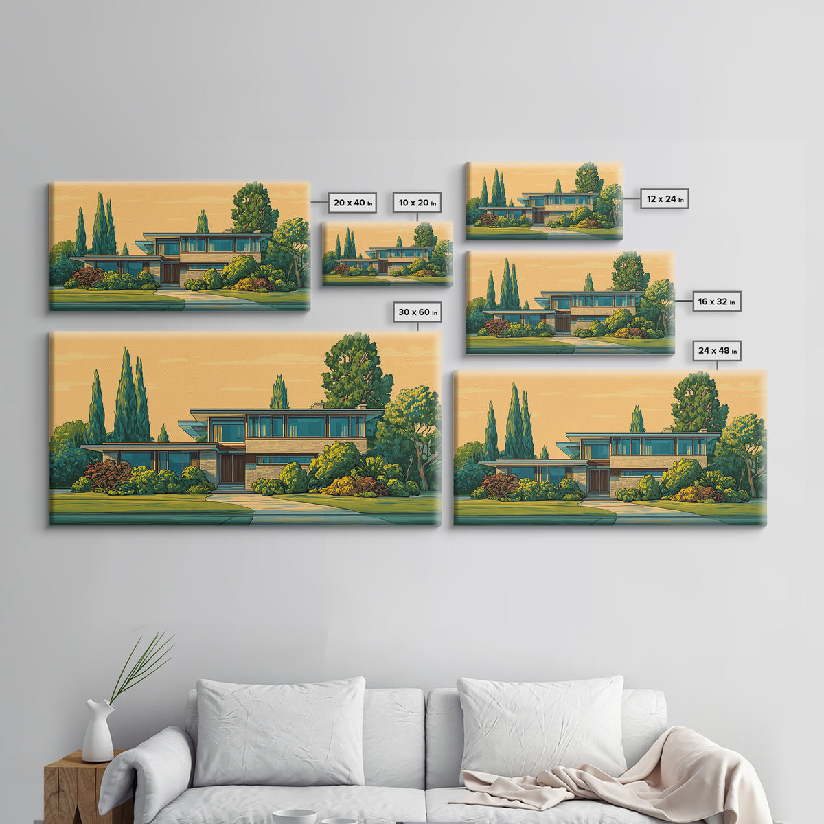 Cypress Garden Midcentury Home Framed Canvas Print, Modern Architecture Wall Art, Retro Palm Springs Decor, Living Room Art