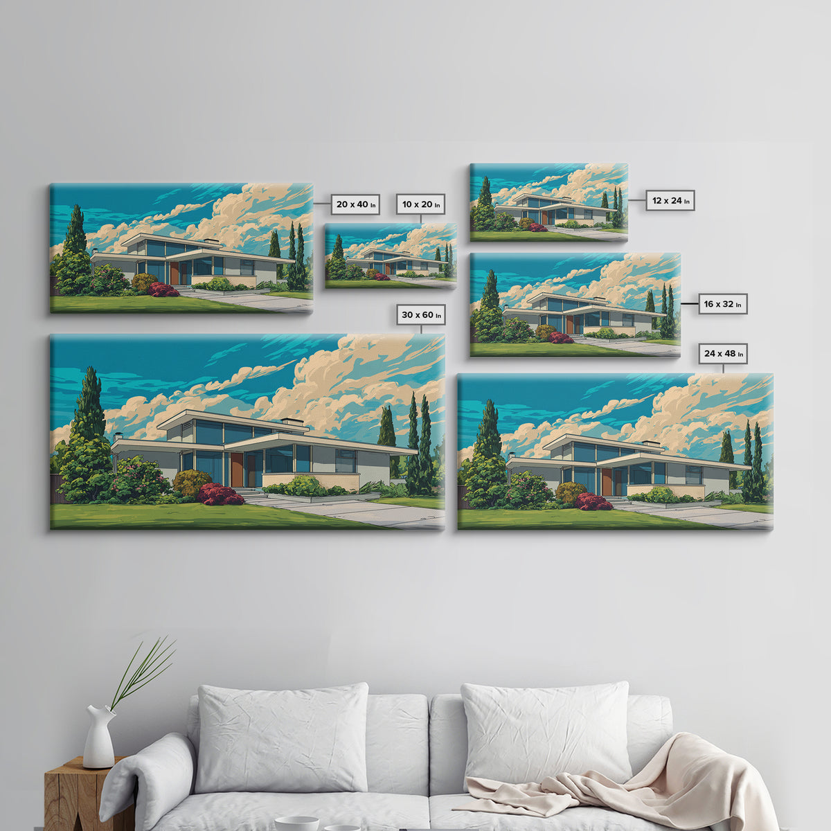 White Midcentury House With Dramatic Clouds Framed Canvas Print, Modern Wall Art, Retro Architecture Poster, Home Office Decor
