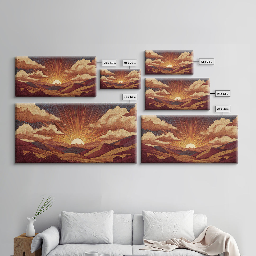 Textured Mountain Sunrise Valley Wall Art, Retro Landscape Poster, Midcentury Modern Art Print, Earth Tone Home Decor Gift