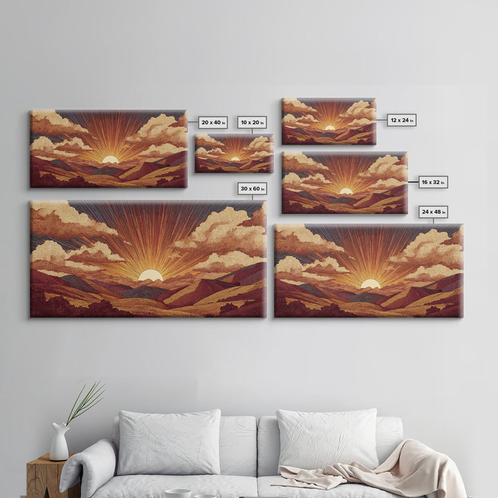 Textured Mountain Sunrise Valley Wall Art, Retro Landscape Poster, Midcentury Modern Art Print, Earth Tone Home Decor Gift