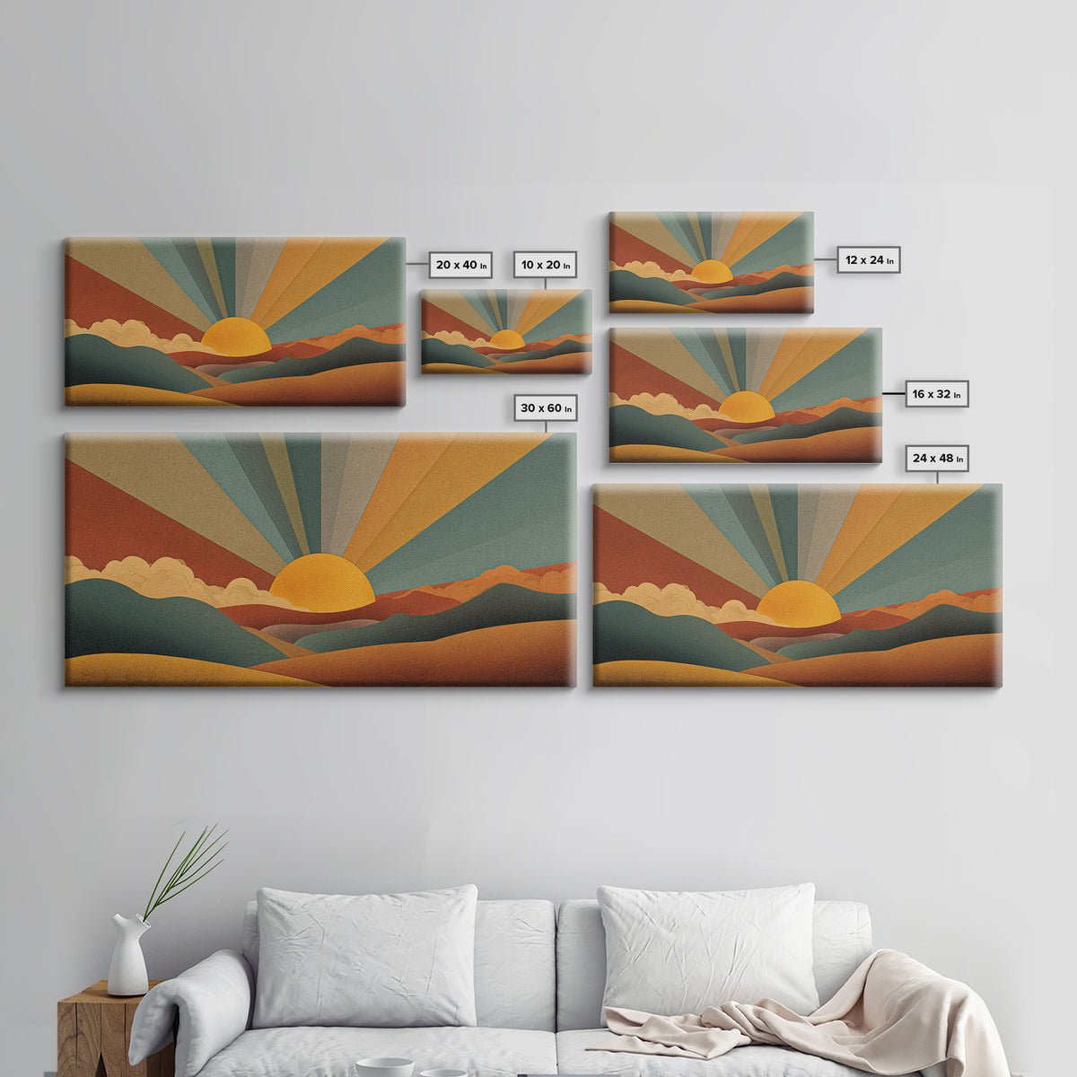 Geometric Retro Sunrise Over Rolling Hills Canvas Print, Midcentury Modern Wall Art, Boho Landscape Poster, Earth Tone Decor
