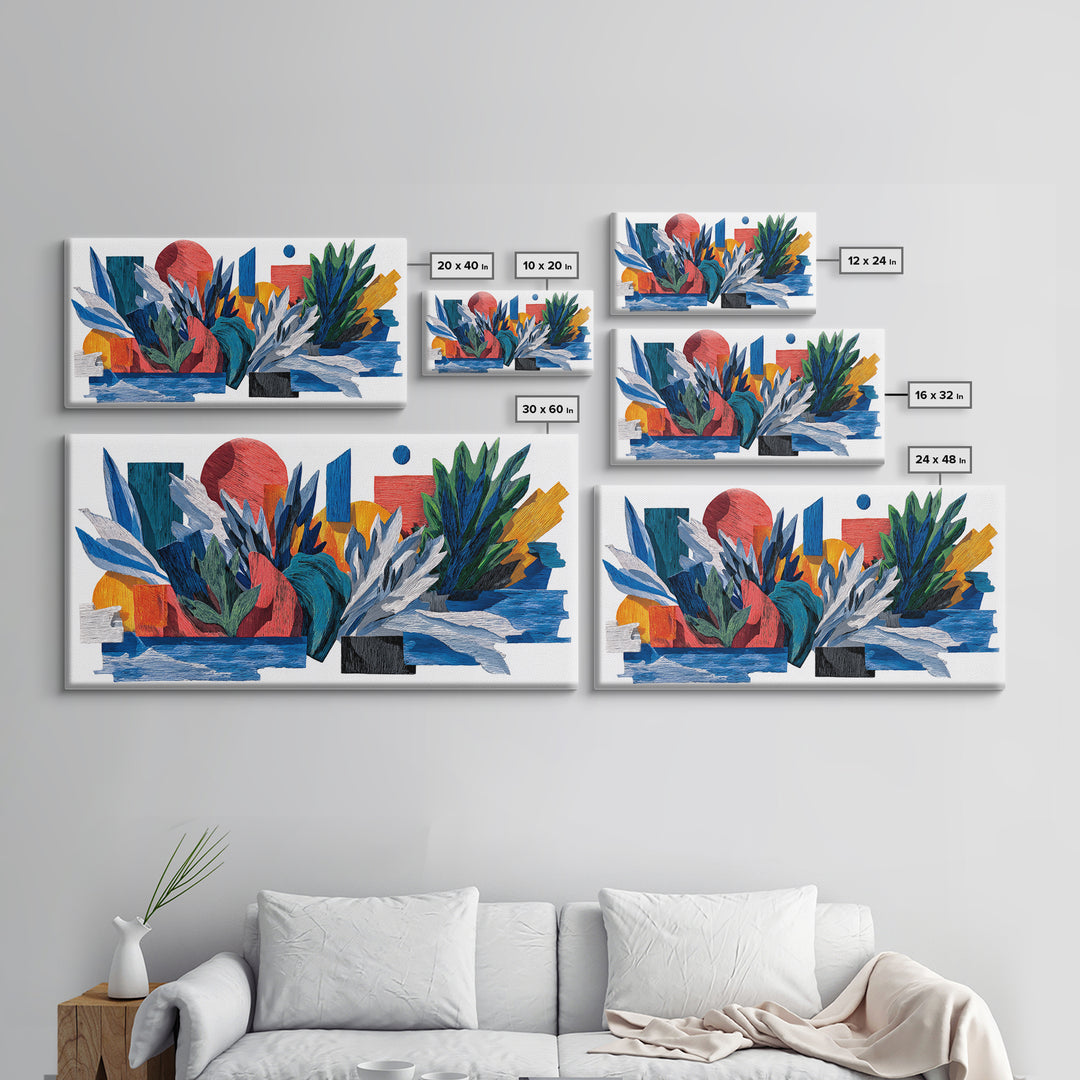 Textured Tropical Leaf Collage Framed Canvas Print, Blue Red Botanical Wall Art, Mid Century Modern Abstract Decor For Living Room