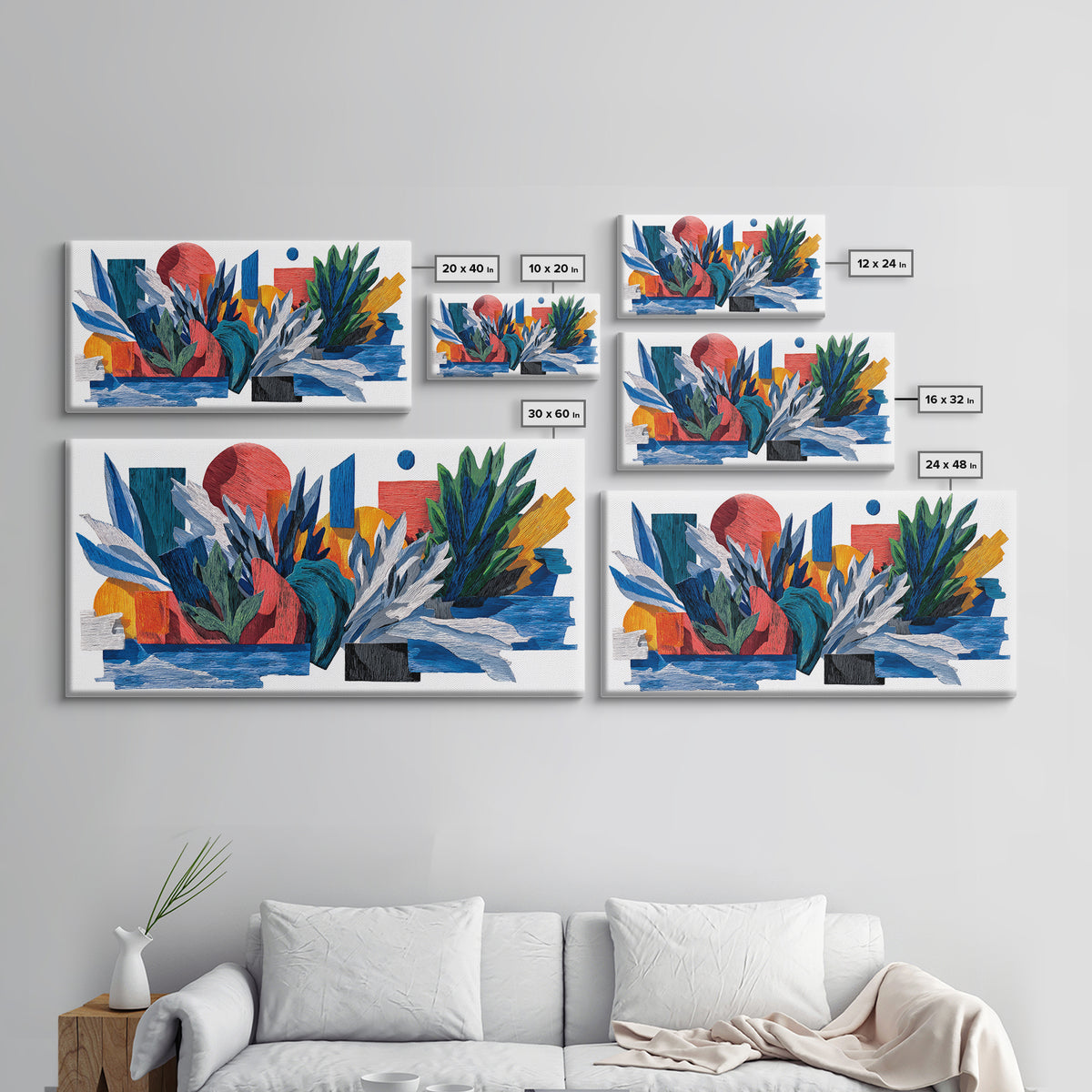 Textured Tropical Leaf Collage Framed Canvas Print, Blue Red Botanical Wall Art, Mid Century Modern Abstract Decor For Living Room