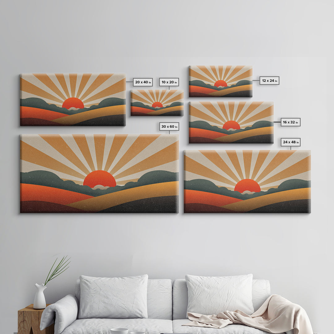 Orange Sunburst Desert Hills Wall Art, Mid Century Modern Canvas, Retro Landscape Poster, MCM Decor, Living Room Print, Home Decor