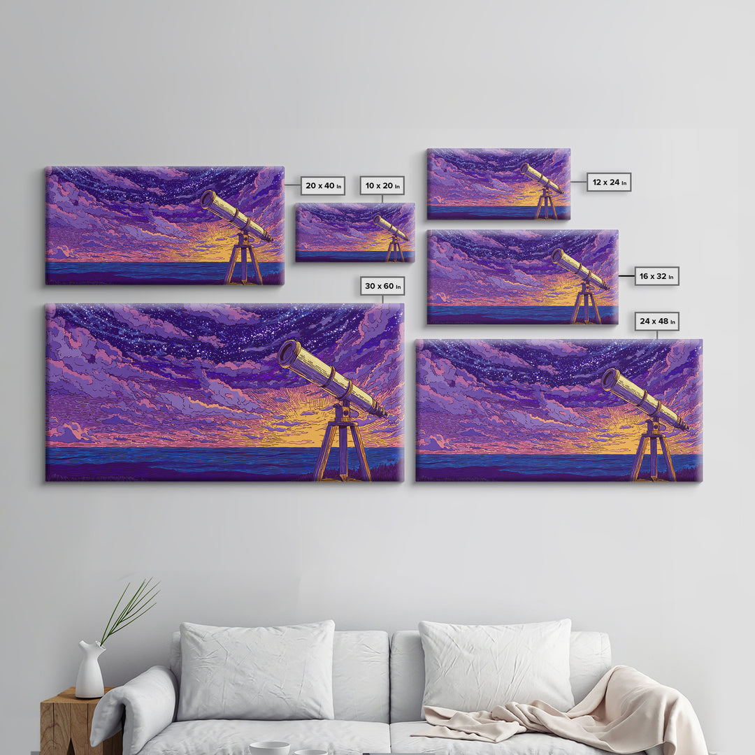 Purple Starry Telescope Ocean Wall Art, Retro Sci Fi Poster, Cosmic Mid Century Modern Decor, Space Astronomy Canvas Print