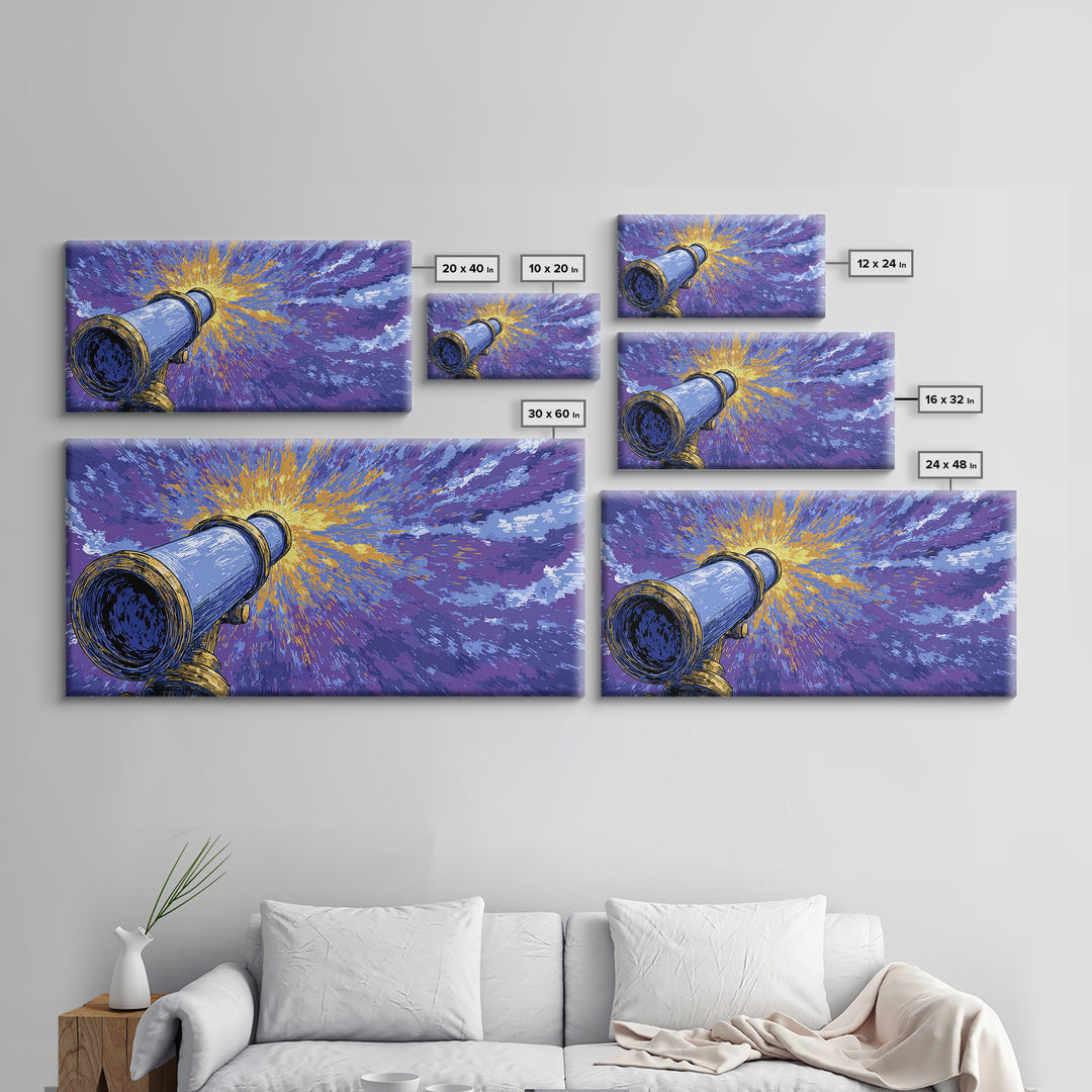 Blue Telescope Starburst Framed Canvas Print, Retro Sci Fi Wall Art, Space Astronomy Poster, Mid Century Modern Office Decor
