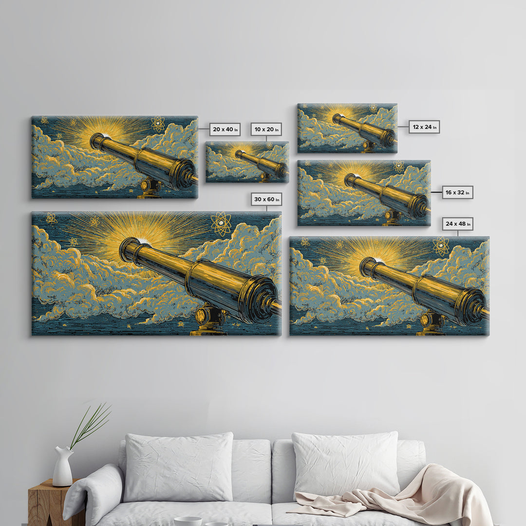 Golden Telescope Atomic Clouds Wall Art, Mid Century Modern Space Decor, Retro Astronomy Poster, MCM Canvas Print For Office