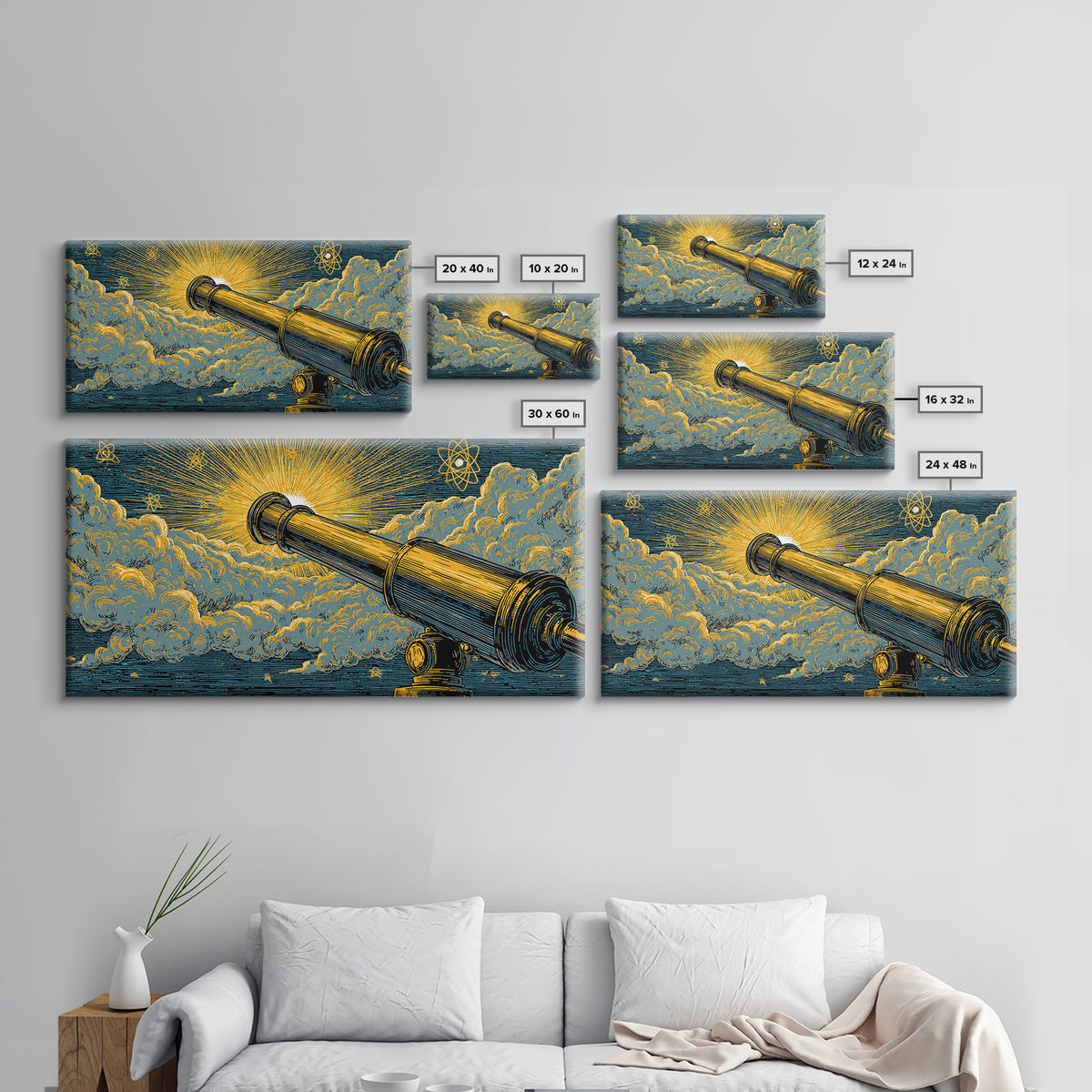 Golden Telescope Atomic Clouds Wall Art, Mid Century Modern Space Decor, Retro Astronomy Poster, MCM Canvas Print For Office