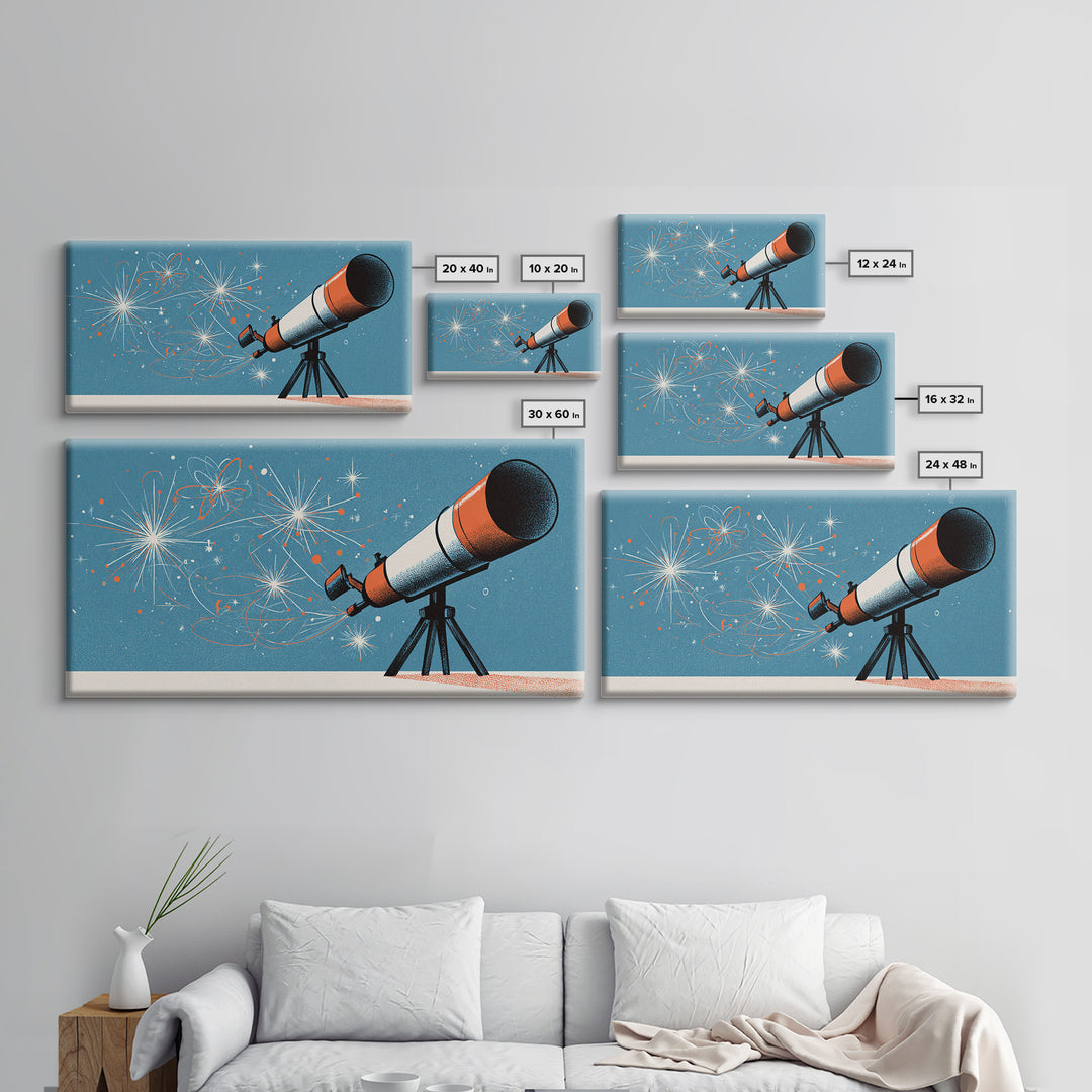 Atomic Telescope Blue Sky Canvas Print, Retro Space Wall Art, Mid Century Modern Astronomy Poster, MCM Nursery Office Decor