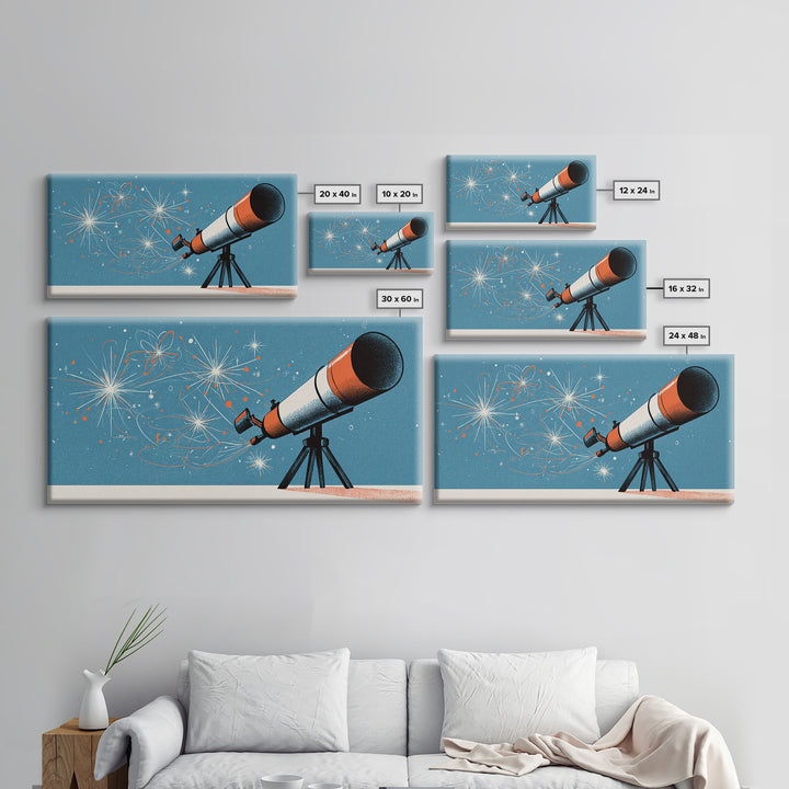 Atomic Telescope Blue Sky Canvas Print, Retro Space Wall Art, Mid Century Modern Astronomy Poster, MCM Nursery Office Decor